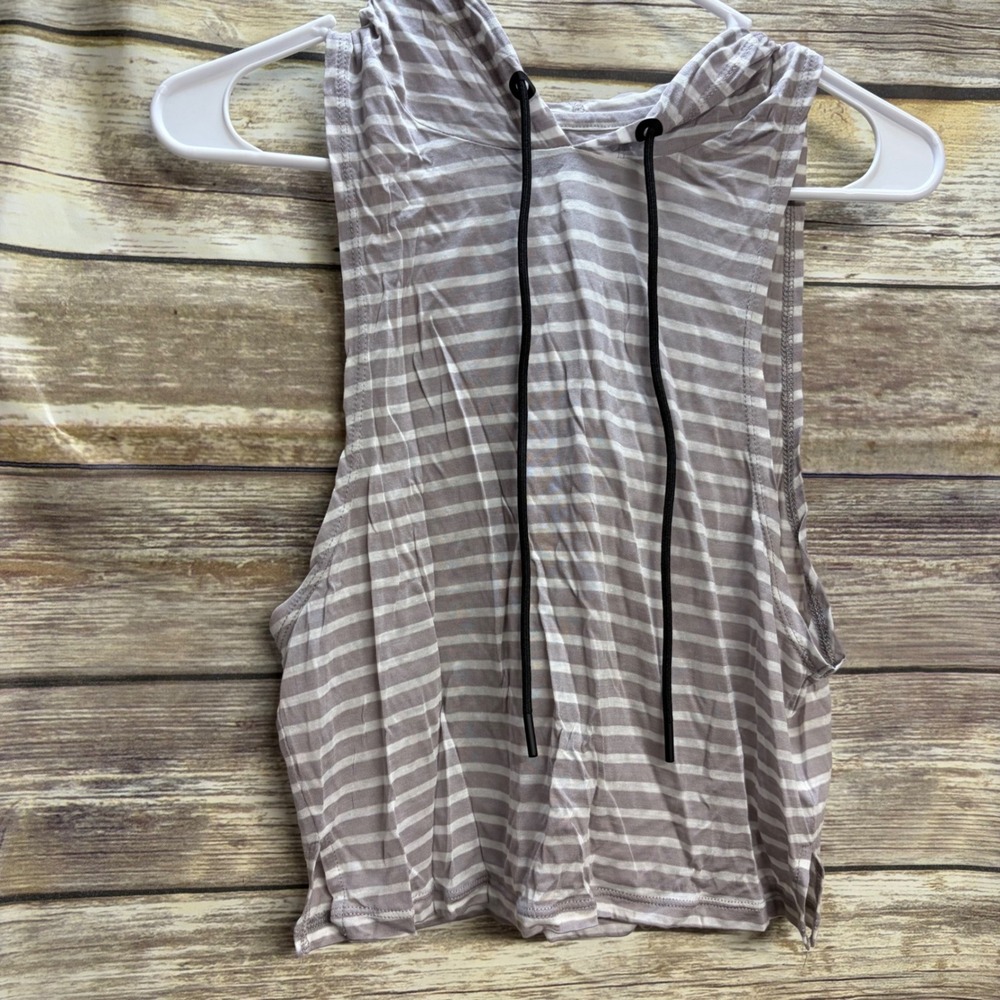 Zyia Active Womens Sleeveless Hoodie Striped Taupe White Tank Top Small